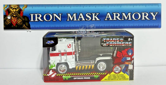 Jada Hollywood Rides — Transformers G1 Optimus Prime with Ghostbusters Ecto-1 Graphics | 40th Anniversary Crossover | 1:32 Scale Die-Cast | New in Box